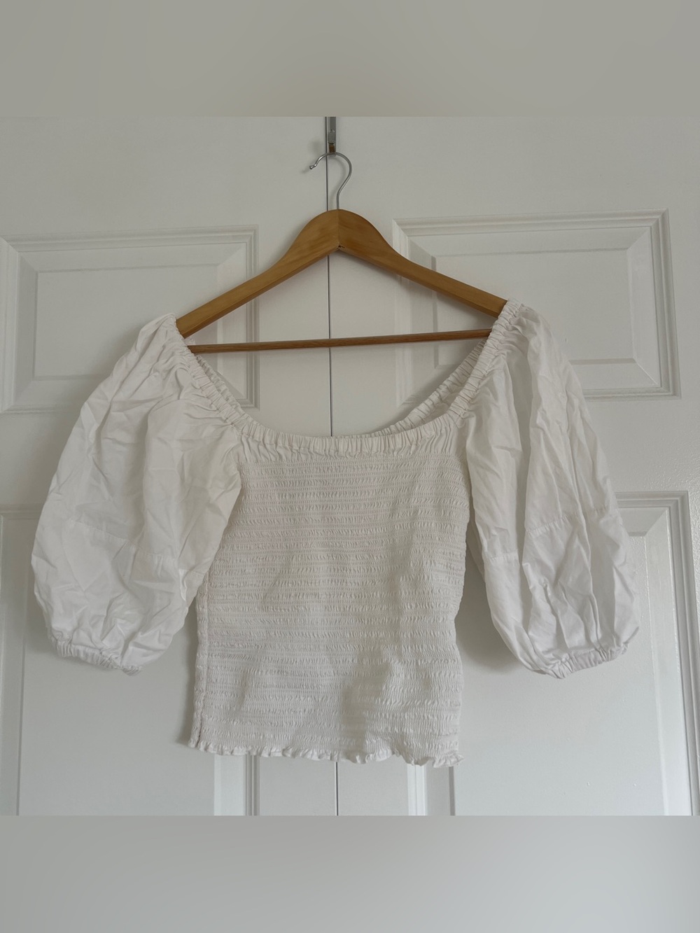 La Ligne White Smocked Puff Sleeve Blouse